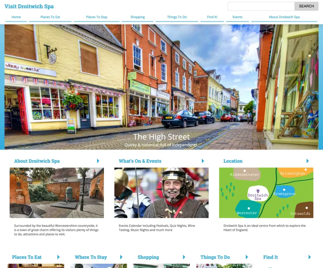 Visit Droitwich Spa website screenshot from Made with Wagtail